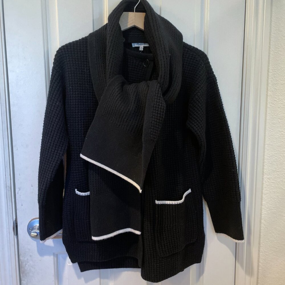 NEW Madewell Merino Wool-Blend Scarf Sweater Jacket in Black Combo XXS XS